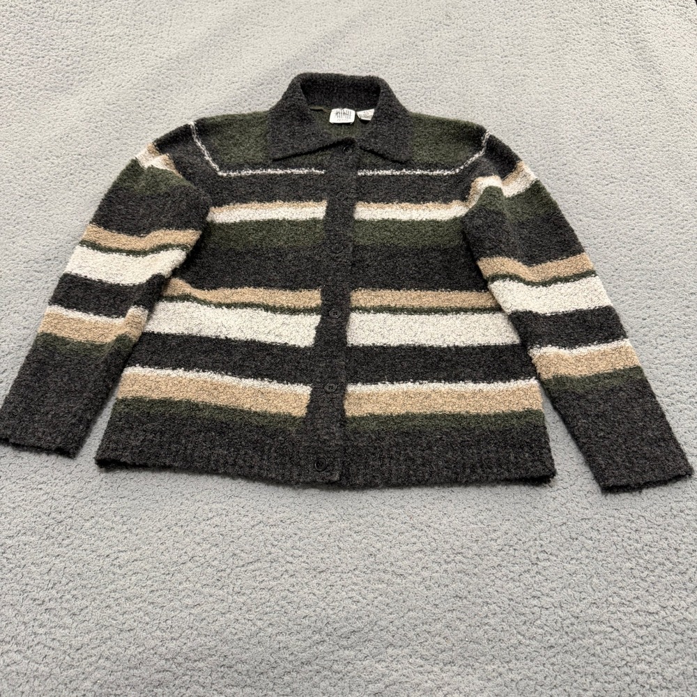 Jason Maxwell Petite L Sweater Striped Boucle Wool Blend Collared Cardigan Grey